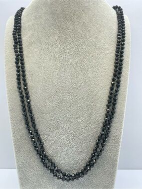 Vintage Black Crystal Glass Beaded Long Necklace Knotted Faceted Statement
